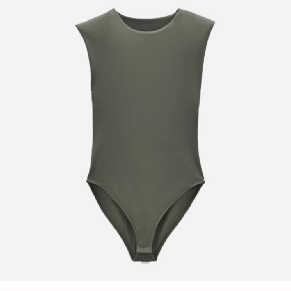 ZARA NWT Sage Green Padded Shoulder Flattering Bodysuit Medium